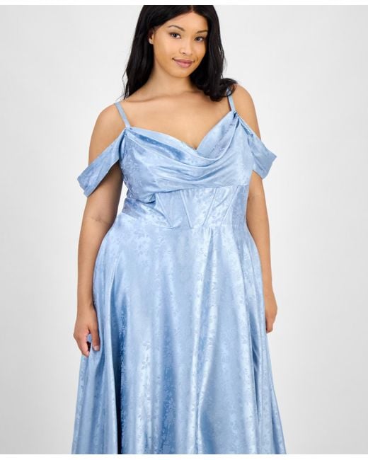 B Darlin Blue Trendy Plus Size Off-the-shoulder Satin Jacquard Gown