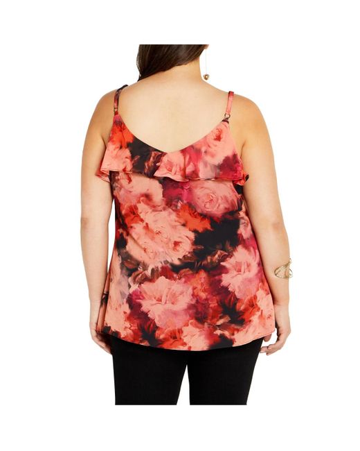 City Chic Red Plus Size Mischa Print Floral V Neck Ruffle Top