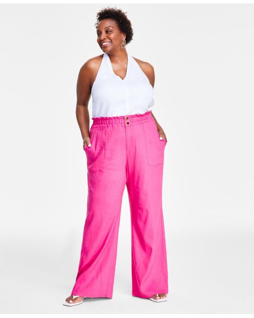 INC International Concepts Pink Plus Size Linen-blend Wide-leg Pants