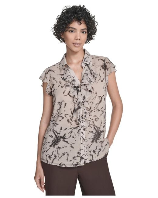 Calvin Klein Gray Printed Flutter-sleeve Ruffle Blouse
