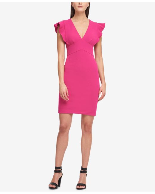 DKNY Pink V-neck Ruffle Cap Sleeve Sheath Dress