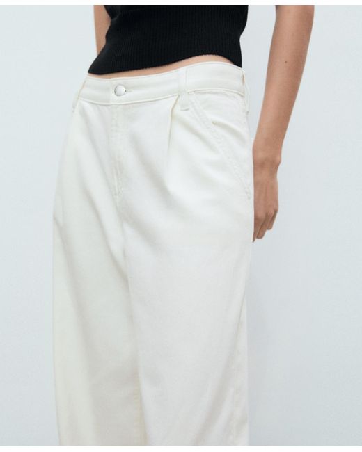 Mango White Wide Leg Pleated Jeans
