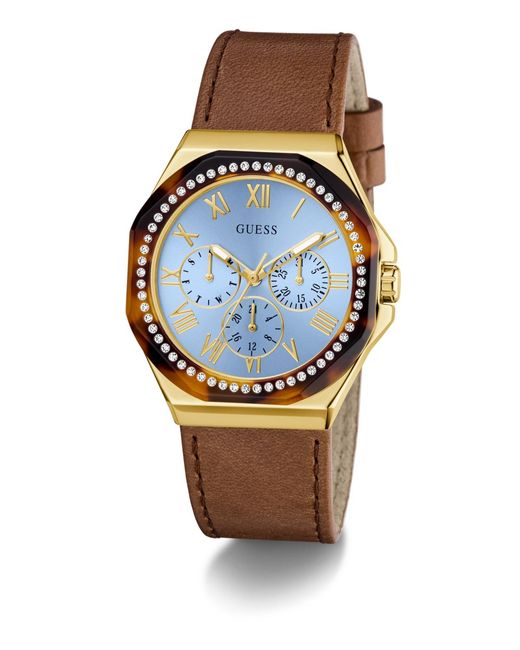 Guess Blue Brown Leather Multi-function Watch