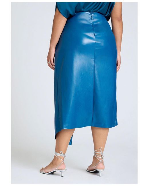 Eloquii Blue Wrap Front Faux Leather Midi Skirt