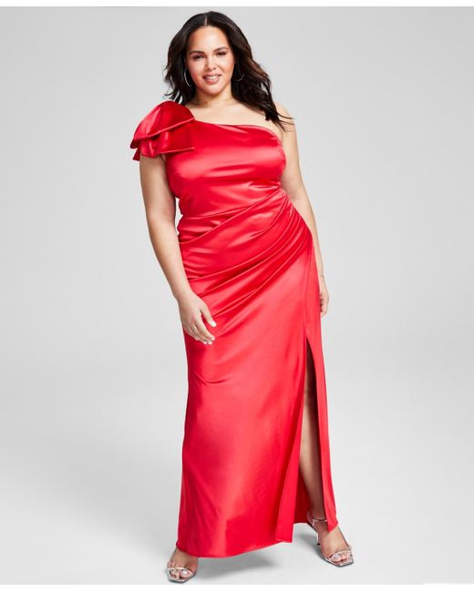 B Darlin Red Trendy Plus Size One-bow-shoulder Ruched Satin Dress