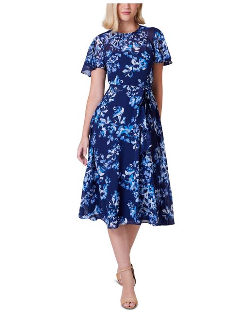 Jessica Howard Blue Petite Printed Chiffon Belted Dress