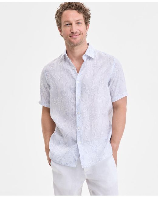 Club Room White Elevated Line Regular-fit Tropical-print Button-down Linen Shirt for men