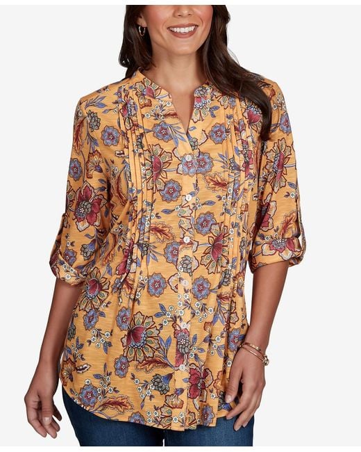 Ruby Rd Orange Petite Vines Henley 3/4-sleeve Button-front Top