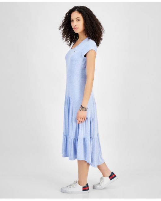 Tommy Hilfiger Blue Short-sleeve Tiered Midi Dress