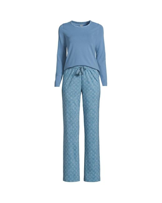 Lands' End Blue Knit Pajama Set Long Sleeve T-shirt And Pants