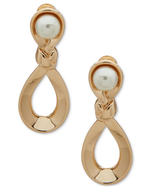 Anne Klein Metallic Gold-tone Imitation Twisted Knot Clip-on Drop Earrings