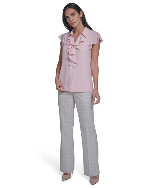 Calvin Klein Purple Solid Cap-sleeve Ruffle Front Top