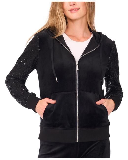 Vince Camuto Black Velour Sequin Long-sleeve Zip-front Hoodie Jacket