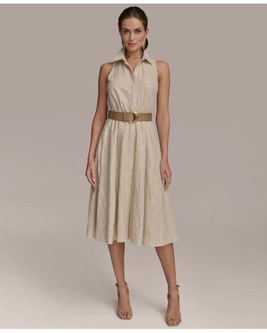 Donna Karan Natural Sequin Embellished Linen Belted Shirtdress