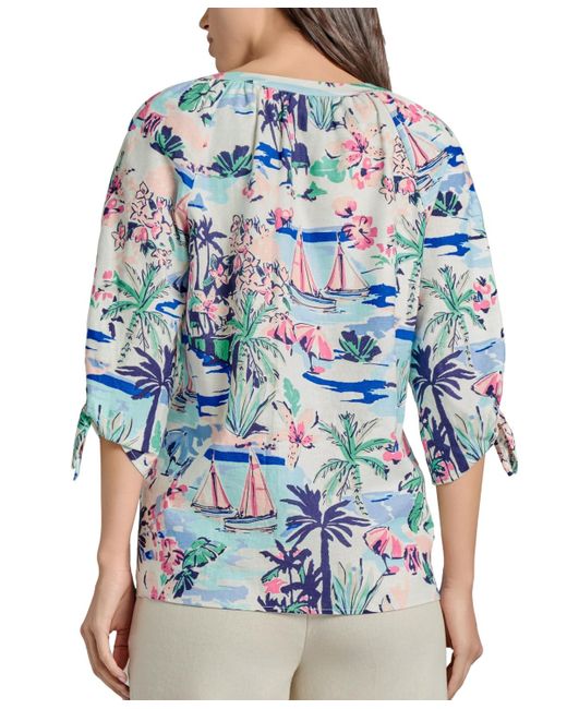 Jones New York Blue Printed Linen-blend Blouse