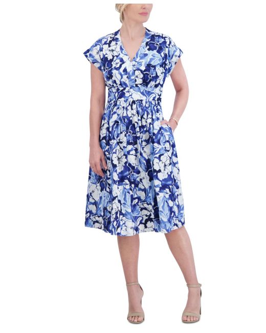 Jessica Howard Blue Floral-print Fit & Flare Dress