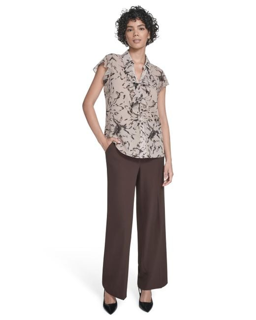 Calvin Klein Gray Printed Flutter-sleeve Ruffle Blouse