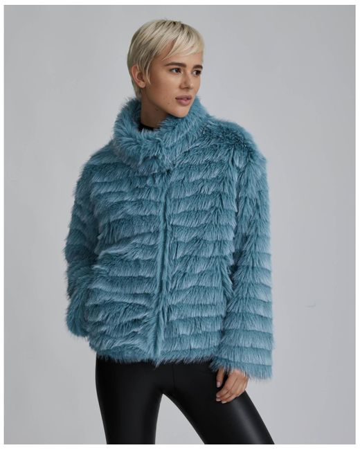 NVLT Blue Wave Textured Faux Fur Stand Collar Jacket
