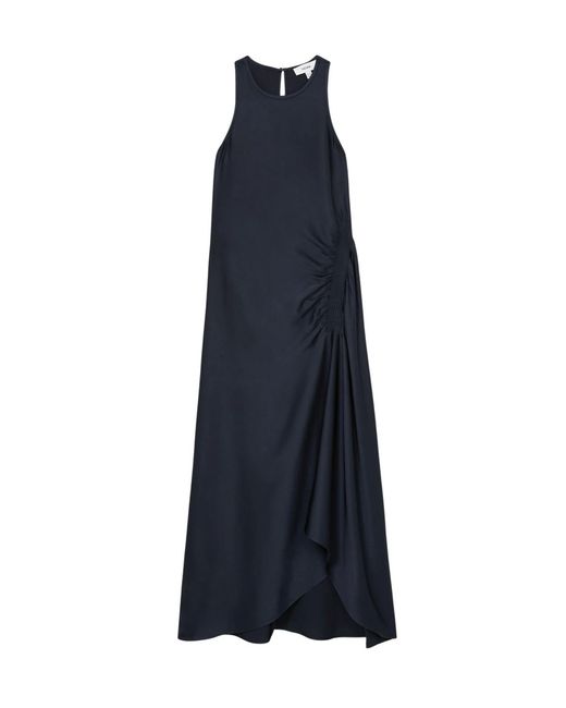 Reiss Blue Satin Shirred Midi Dress