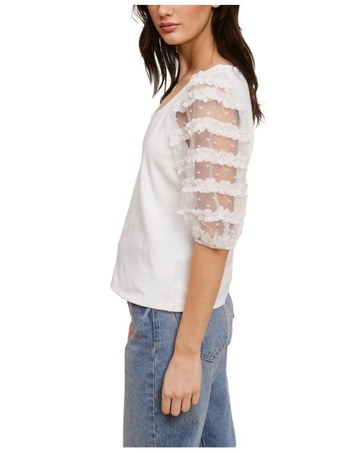 Fever White Ribbed Knit Top With Ruffle Mesh Puff Sleeve