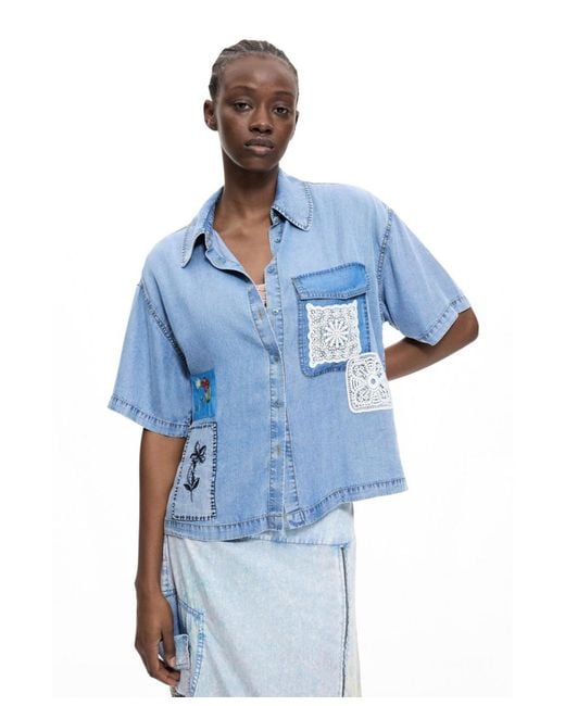 Desigual Blue Short Sleeve Patchwork Shirt
