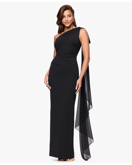 Xscape Women's Blue Petite One Shoulder Long Gown