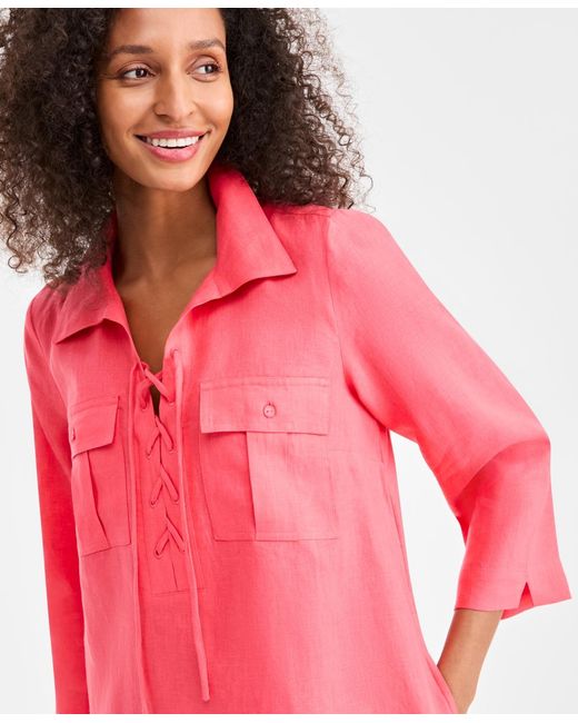 Charter Club Pink 100% Linen Lace-up 3/4-sleeve Utility Dress