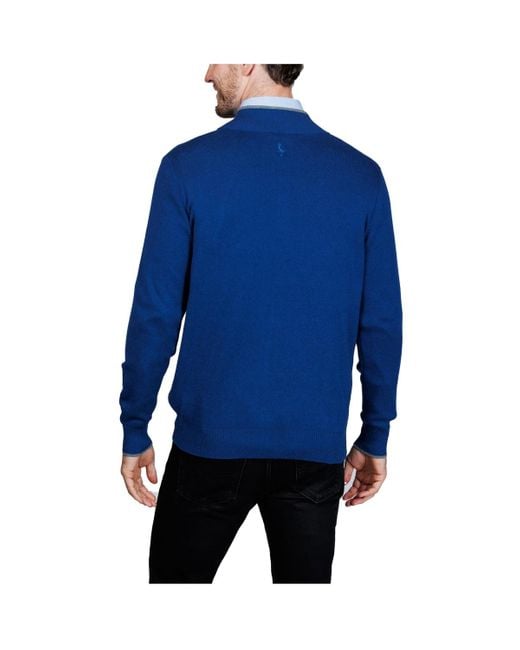 Tailorbyrd Blue Fine Knit Full Zip Mock Neck Sweater for men