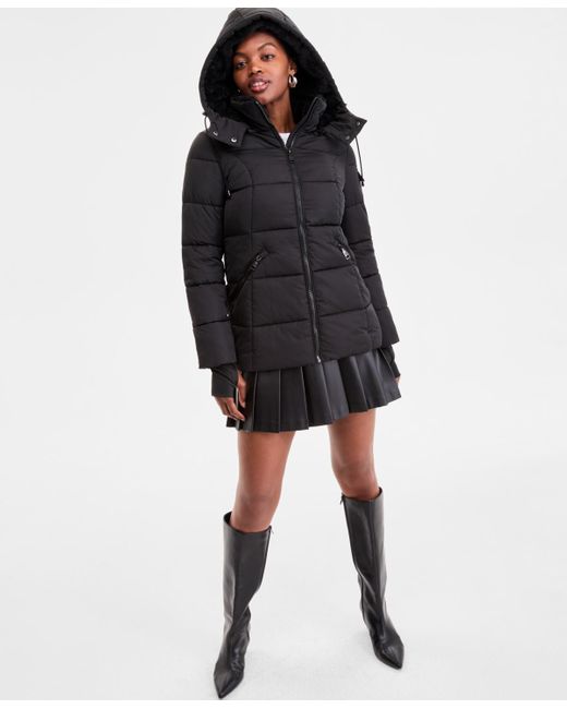 Steve Madden Women's Black Faux-fur-trim Hooded Puffer Coat