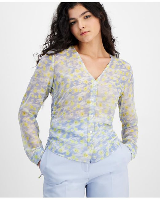 HUGO Blue Printed Ruched Button Front Top