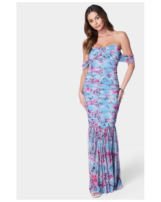 Bebe Blue Off Shoulder Ruched Mesh Gown