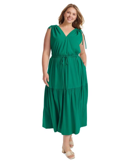 Calvin Klein Green Plus Size V-neck Sleeveless Tiered Midi Dress