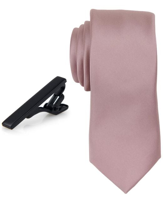 Con.struct Pink Solid Tie & 1-1/2" Tie Bar Set for men
