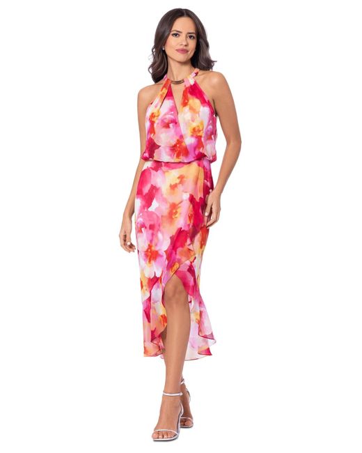 Xscape Red Floral-print Halter High-low Dress