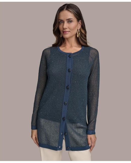 Donna Karan Blue Sequin Embellished Long Cardigan