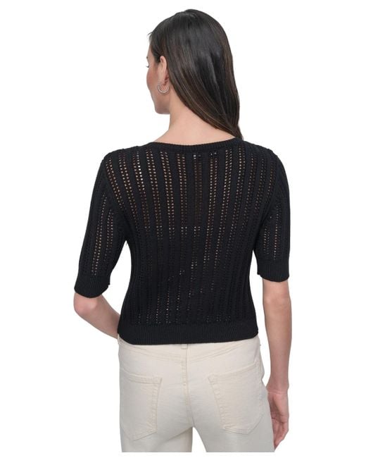 DKNY Black Crewneck Short-sleeve Cardigan Cable Pointelle Cardigan Sweater
