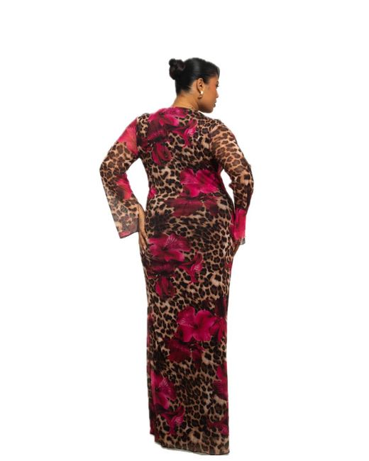 FASHION-SZN CURVE Red Leopard Print Mesh Maxi Dress