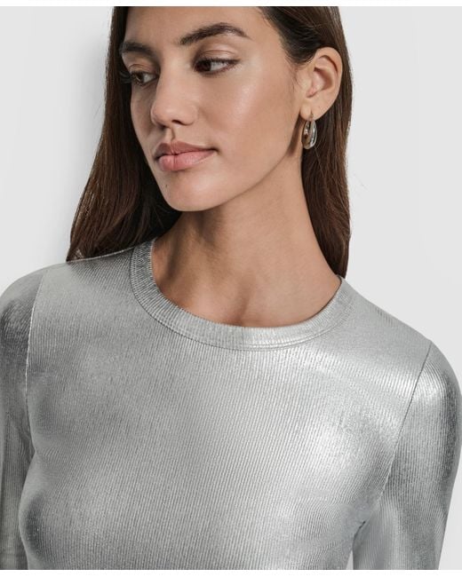 DKNY Gray Foil Rib Crewneck Long Sleeves Top