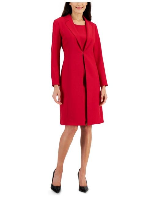 Le Suit Red Crepe Topper Jacket & Sheath Dress Suit