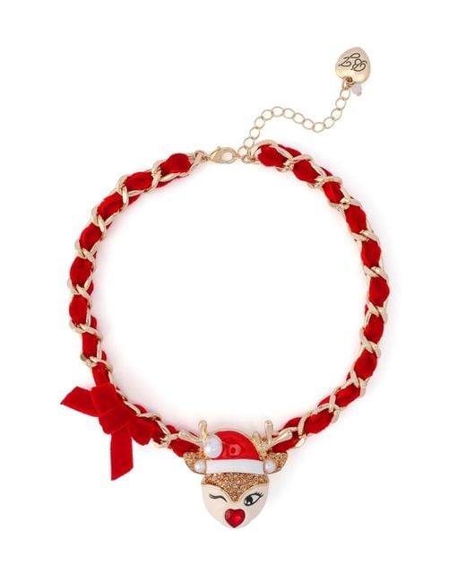 Betsey Johnson Red Faux Stone Santa Baby Reindeer Bow Pendant Necklace