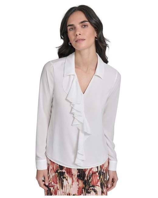 Calvin Klein White Long-sleeve Ruffle-front Blouse