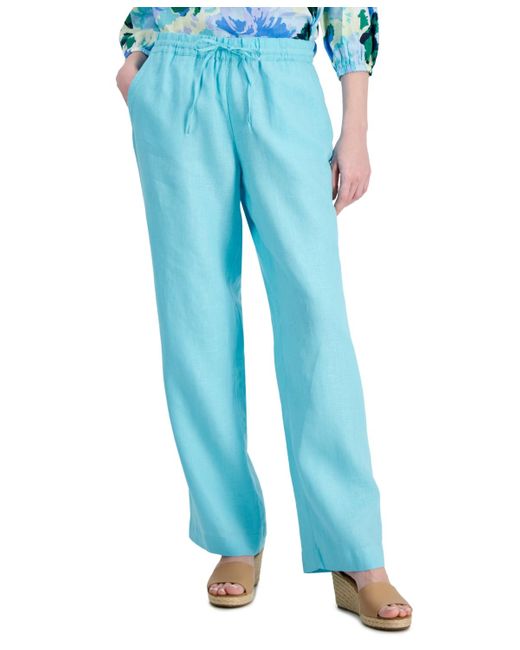 Charter Club Blue 100% Linen Drawstring-waist Pants