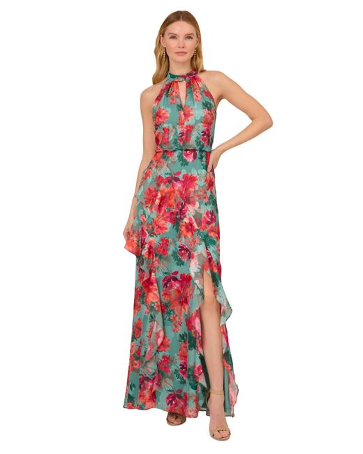 Adrianna Papell Red Printed Ruffled Mermaid Gown