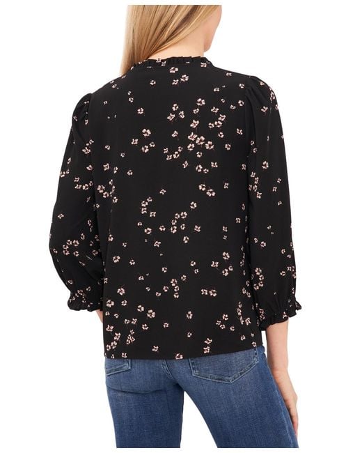 Cece Black Floral-print Button-front Blouse