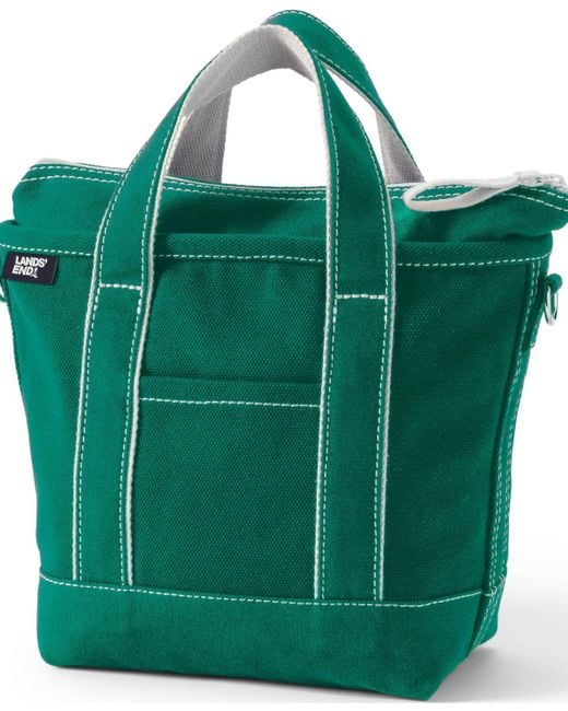 Lands' End Green Small Solid Color 3 Pocket Zip Top Canvas Tote Bag