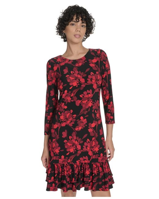 Tommy Hilfiger Red Petite 3/4-sleeve Ruffle-hem Shift Dress