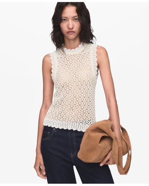 Mango White Openwork Knit Top