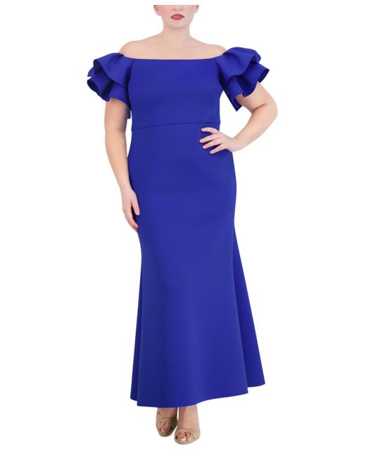 Eliza J Blue Plus Size Off-the-shoulder Ruffle-sleeve Gown
