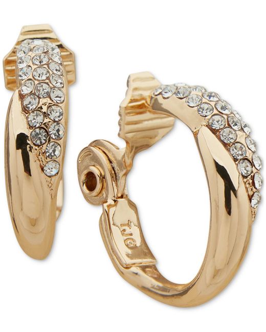 Anne Klein Metallic Gold-tone Small Pave Clip-on Hoop Earrings