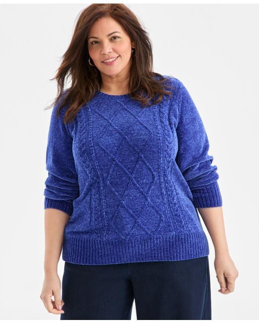 Style Women's Blue Plus Size Crewneck Chenille Long-sleeve